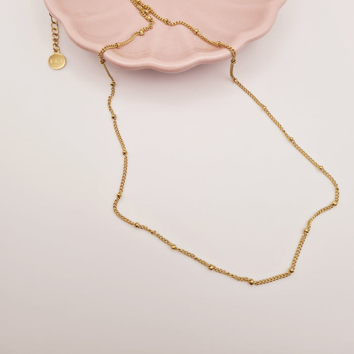 18K gold plated beaded necklace by Forge and Lumber, adjustable, tarnish-free, waterproof steel, 40cm length