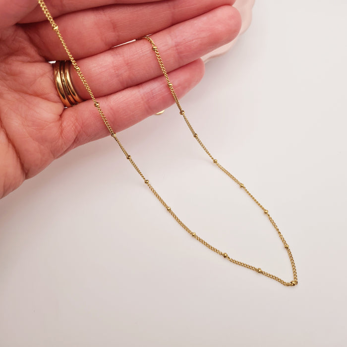 18K gold plated beaded necklace with adjustable length, tarnish-free waterproof steel by Forge and Lumber