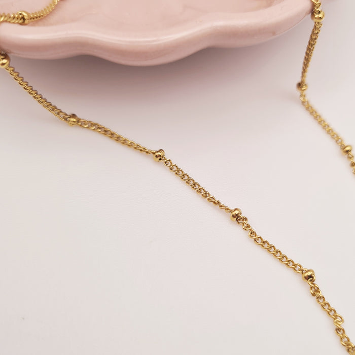 18K gold plated beaded necklace by Forge and Lumber, adjustable, tarnish-free, waterproof steel, 40cm length.