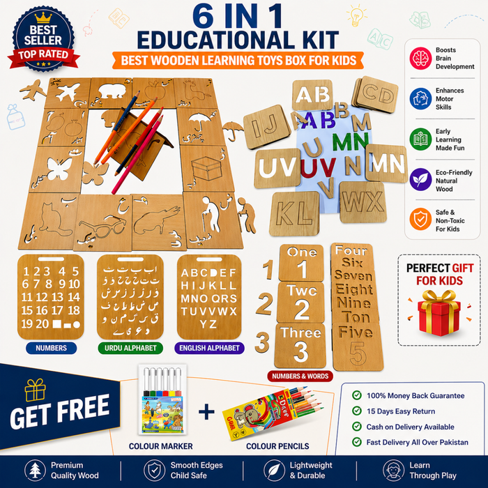6 in 1 Wooden Learning Kit for Kids (Urdu + English + Math) – Screen Free Educational Toy