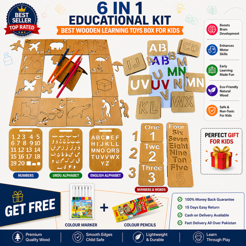 6 in 1 Wooden Learning Kit for Kids (Urdu + English + Math) – Screen Free Educational Toy
