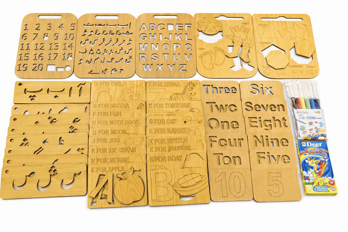 8-in-1 Wooden Kids Learning Stencil Kit – Urdu, English, Numbers, Shapes & Activity Boards with Colors | FB GAMEZ