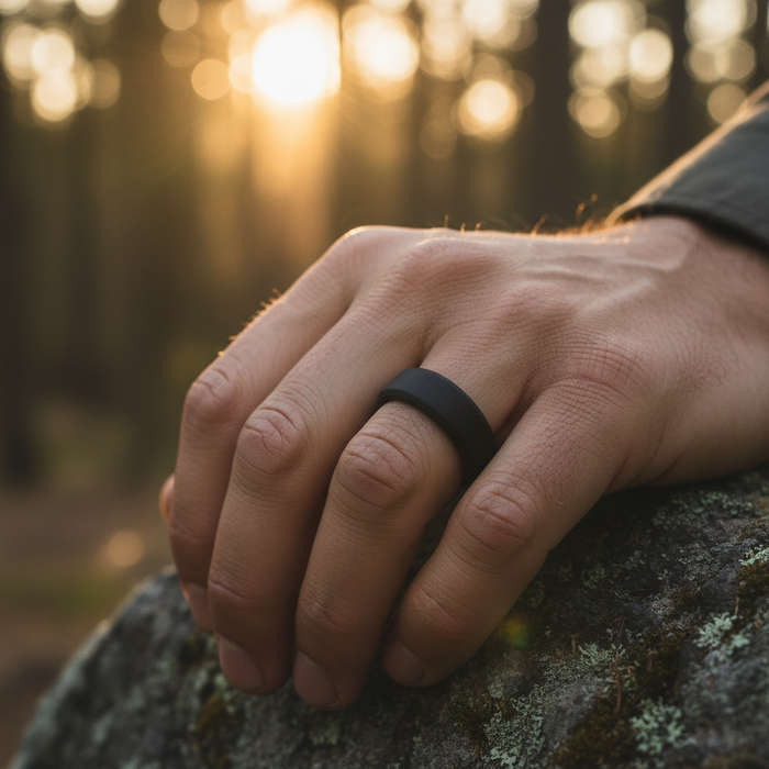 Black 8mm bevelled silicone wedding ring, work-safe band