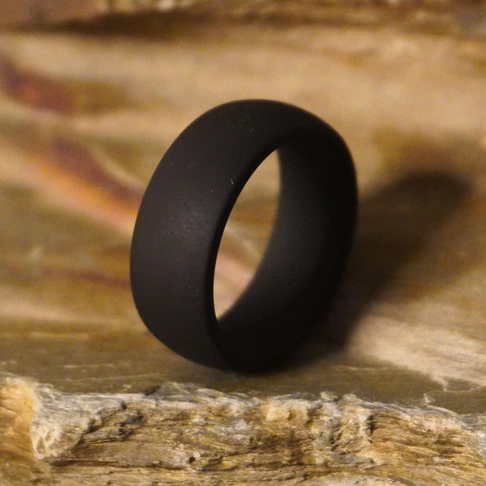 Black domed silicone wedding ring 8.7mm by Forge and Lumber, designed for active lifestyles