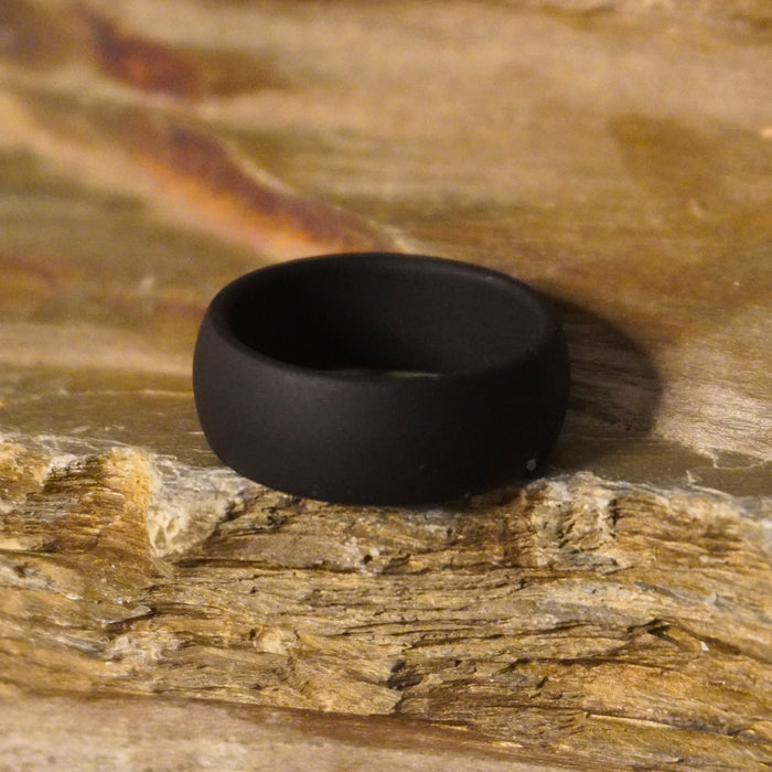 Black domed silicone wedding ring, 8.7mm wide, by Forge and Lumber, ideal for active lifestyles.