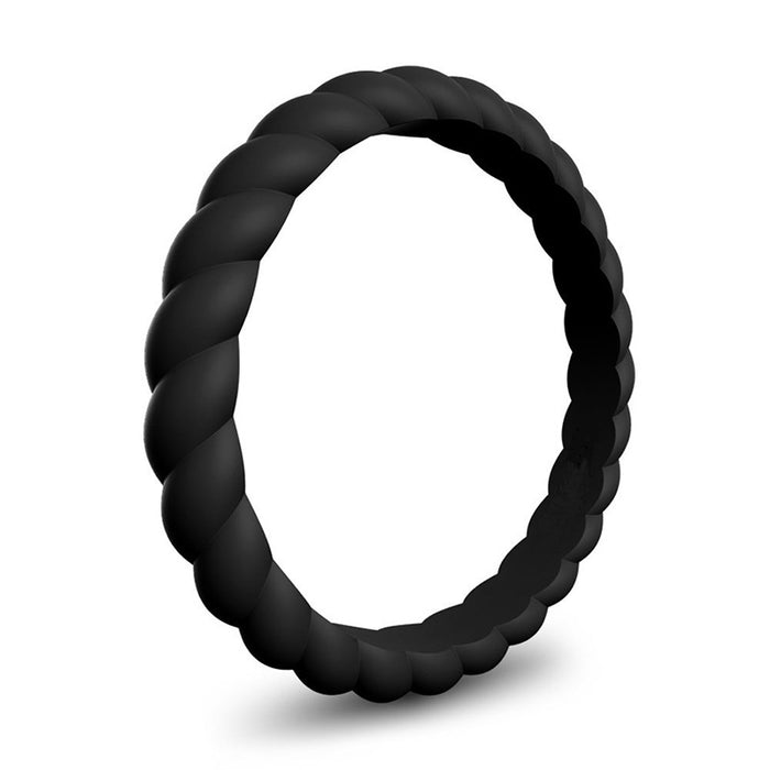 Black braided silicone wedding band, 3mm, stackable, by Forge and Lumber, suitable for active lifestyles.