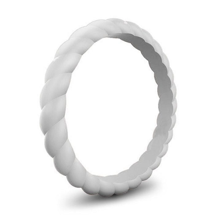 Granite grey braided silicone wedding band, 3mm stackable design by Forge and Lumber, suitable for active lifestyles.