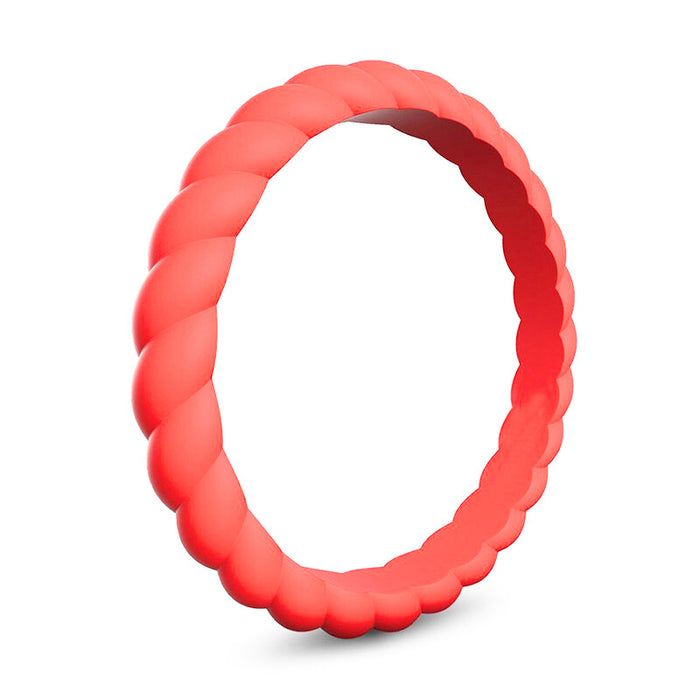 Coral red braided silicone ring, 3mm, stackable, hypoallergenic, by Forge and Lumber.