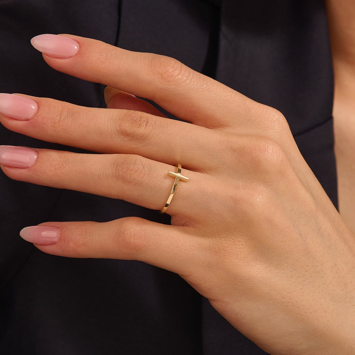14k Solid Gold Cross Stacking Ring for Women