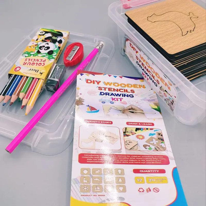 DIY Wooden Stencils Drawing Kit - 24 Pieces with Colors | Creative Art Set - FB GAMEZ