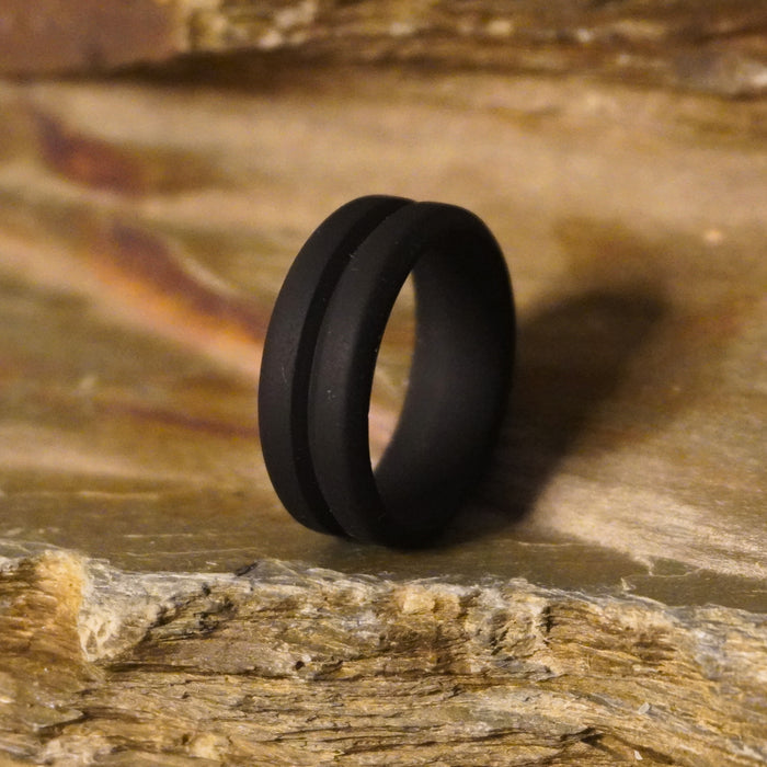 Forge and Lumber black silicone wedding band with 8mm groove, suitable for active lifestyles
