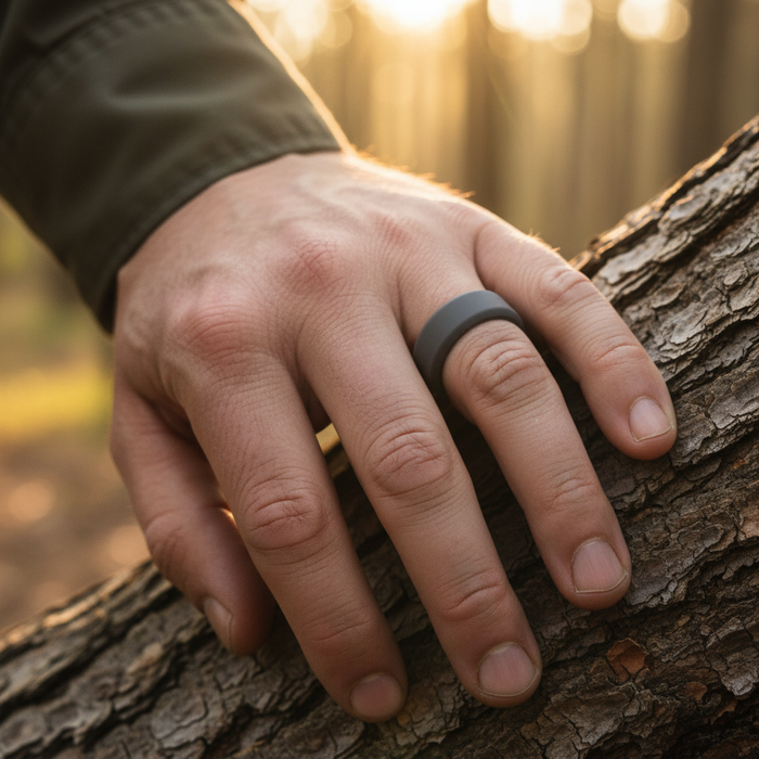 Dark grey 8mm bevelled silicone wedding band by Forge and Lumber