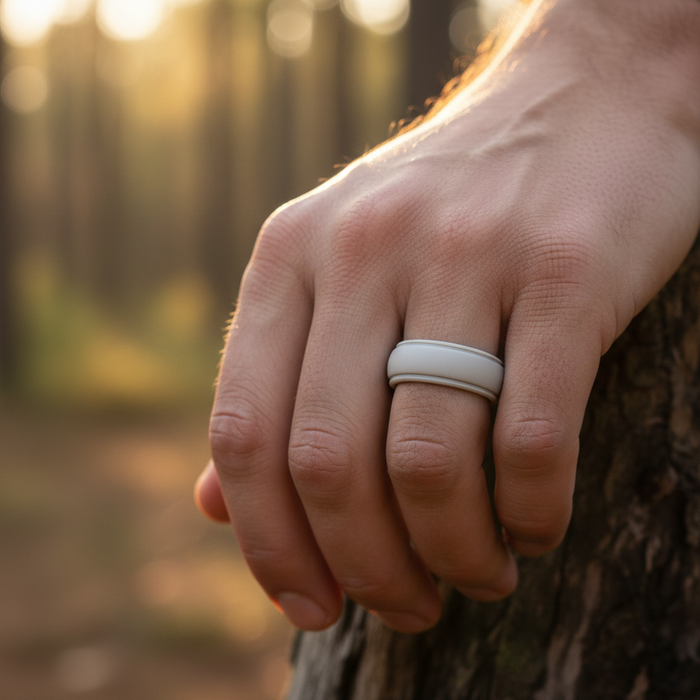 Forge & Lumber grey silicone wedding band, 8mm width, designed for active lifestyles