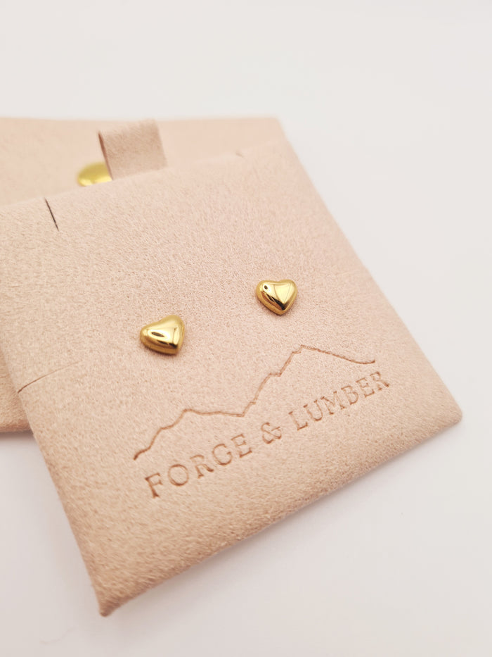 18K gold plated heart stud earrings in stainless steel by Forge and Lumber, perfect for daily wear.