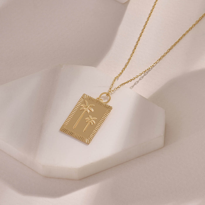 Palm Tree Design Tag Necklace in Gold Vermeil on Solid Silver