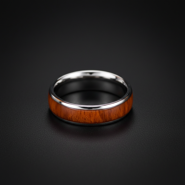 The Acacia 6mm tungsten ring with Koa wood inlay