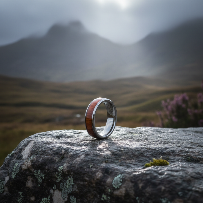 The Acacia 6mm Koa wood and tungsten ring on a stone background