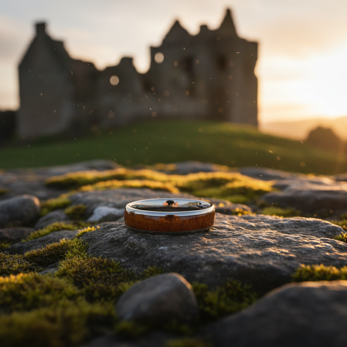 The Acacia 6mm ring on mossy stone at castle ruins in golden light