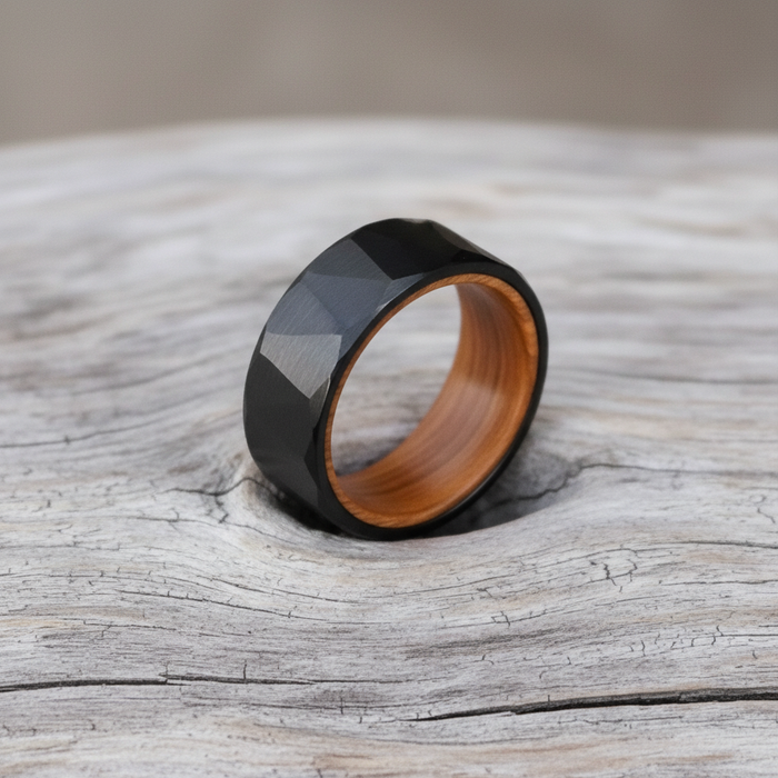 The Barrelhouse 8mm faceted black tungsten band with barrel oak interior