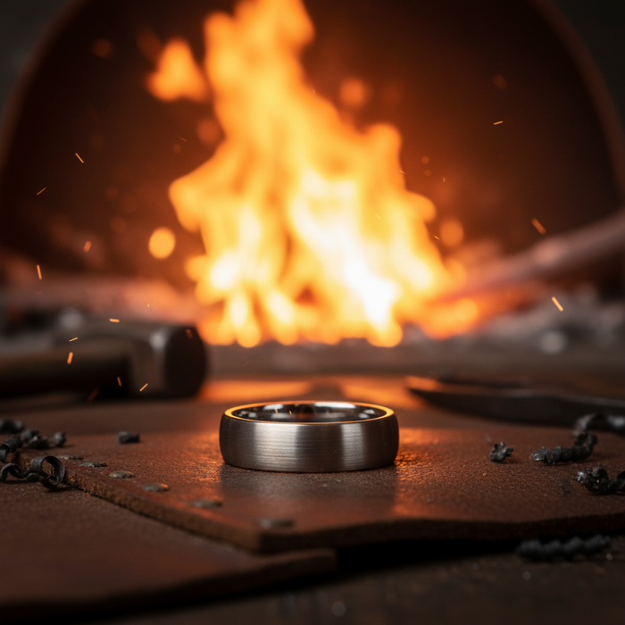 Forge and Lumber The Bedrock ring: 6mm aerospace-grade tungsten band.