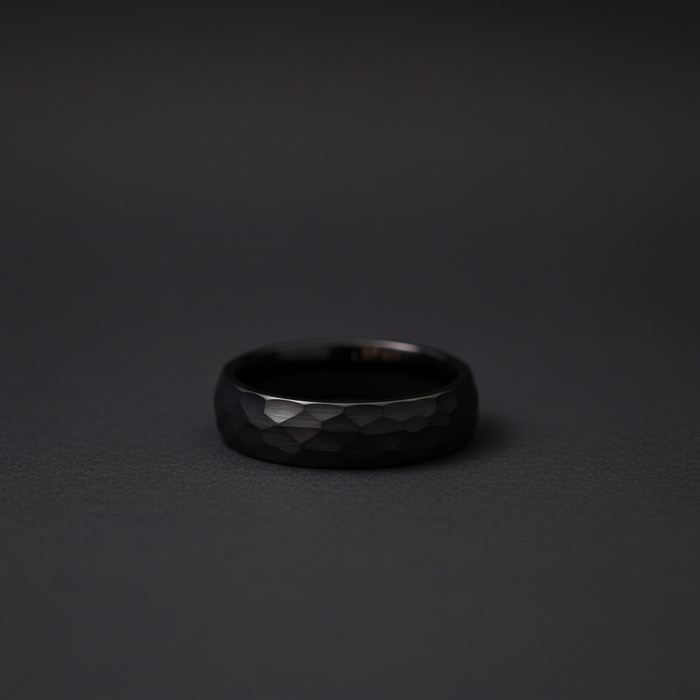 The Blacksmith 6mm black plated tungsten ring with a textured surface