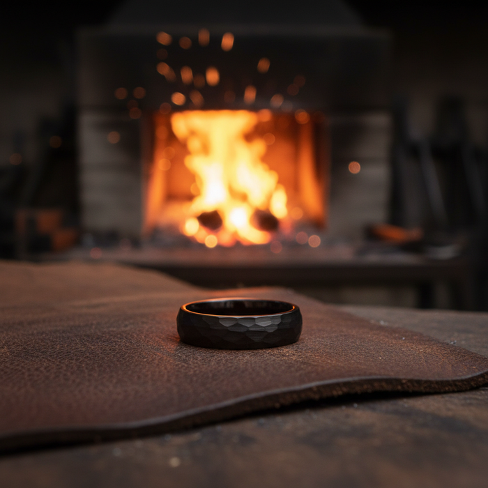 6mm black tungsten ring with a faceted design, The Blacksmith by Forge and Lumber, set against a forge backdrop.