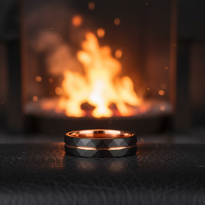 The Bonnie, a 6mm black tungsten band with rose gold detailing