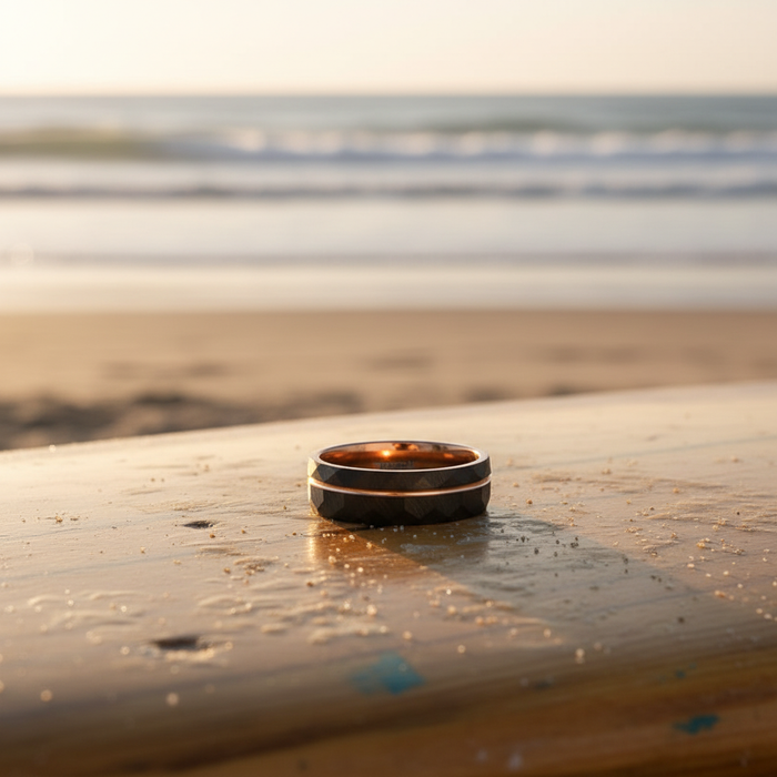 The Bonnie ring resting on a surfboard at the beach