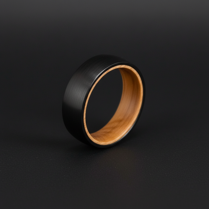 Sleek black ring with a wooden inner band, showcasing modern craftsmanship and style.