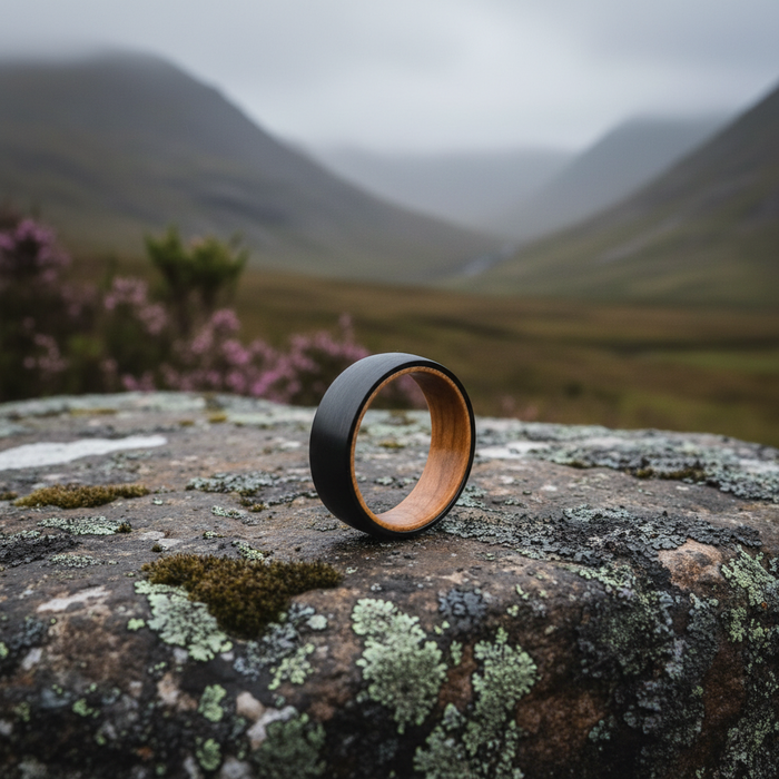 Black barrel wedding band with a wooden interior, The Campbell by Forge and Lumber.