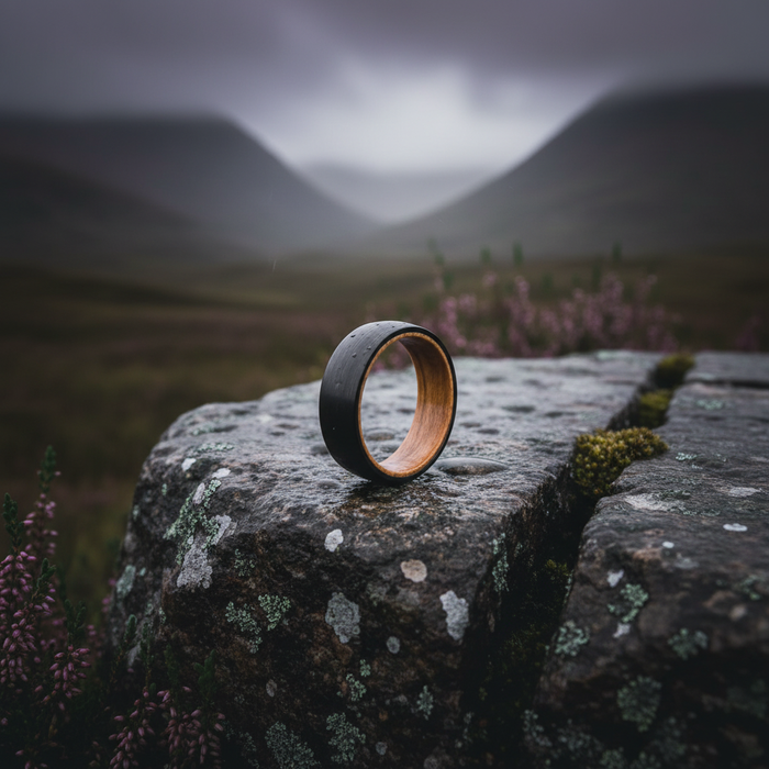 Black barrel wedding band with barrel-aged wood interior by Forge and Lumber, set against a moody landscape.