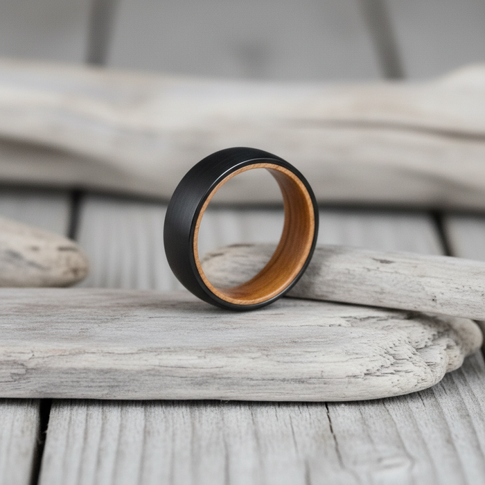 The Campbell 8mm black plated tungsten ring with barrel oak interior