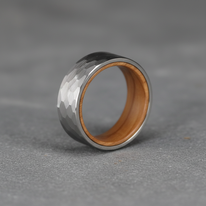 The Campbeltown, an 8mm flat-profile tungsten band with a whisky barrel oak interior