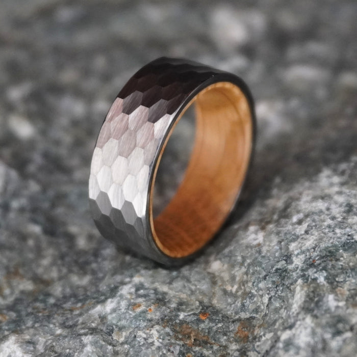 Two-tone hammered metal ring with a wooden interior by Forge and Lumber