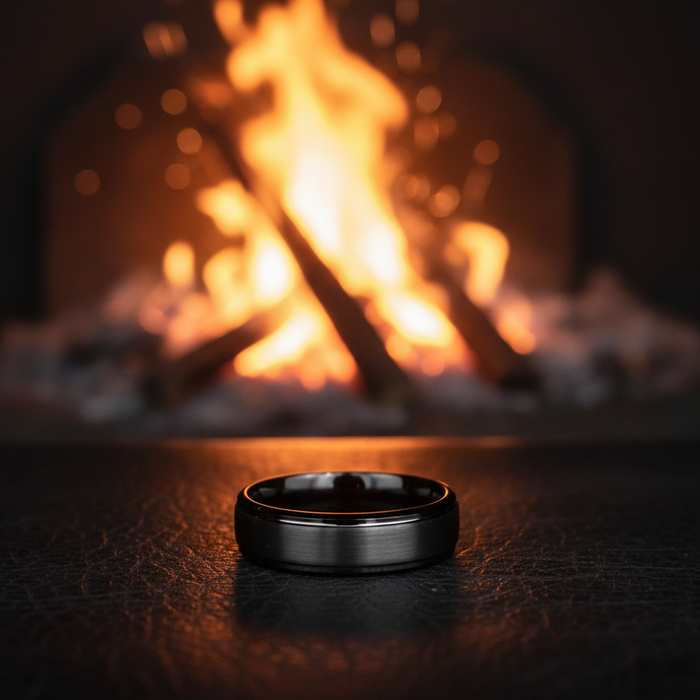The Cannon 6mm gunmetal ring against a fire-lit backdrop
