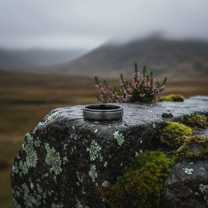 The Cannon 6mm gunmetal ring resting on a moss-covered rock