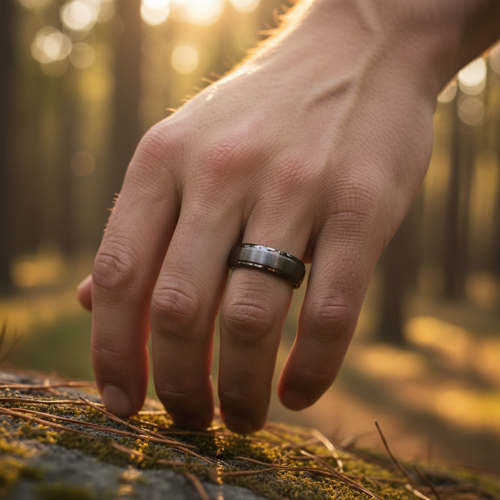 A hand gently rests on mossy ground, showcasing "The Cannon" ring, with sunlight filtering through trees in the background.