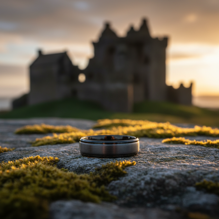 The Cannon ring by Forge & Lumber. 6mm beveled tungsten band on mossy stone at sunset.