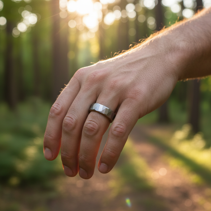 The Cask barrel-inspired ring by Forge and Lumber; comfort-fit, 6mm width.