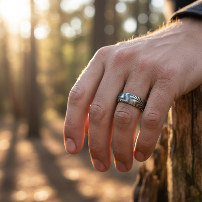 Forge and Lumber Damascus 6mm ring: Artisan forged wedding band.