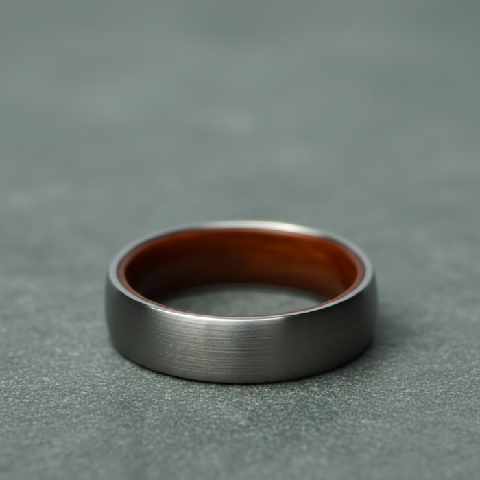 The Ember, a 6mm round-profile tungsten band with a rosewood inlay