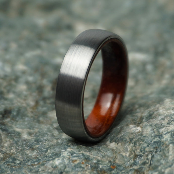 The Ember 6mm domed ring, tungsten with a rosewood centre