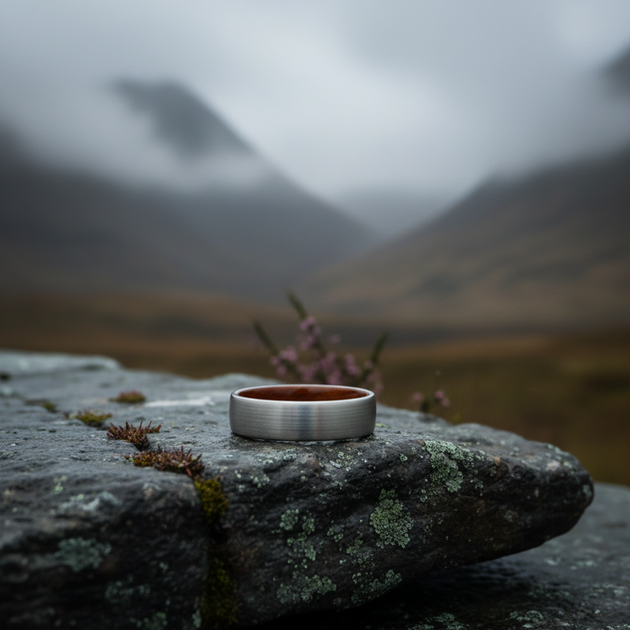 The Ember 6mm ring on stone with a mountain backdrop