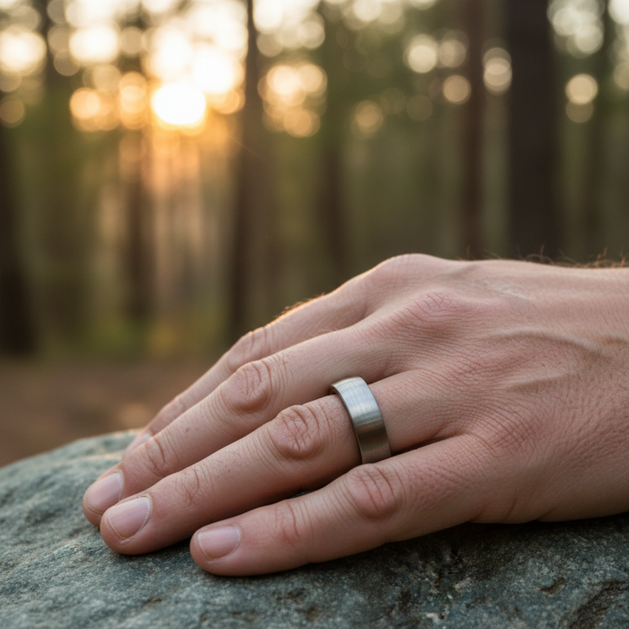 The Ember 6mm ring worn on a hand outdoors at sunset