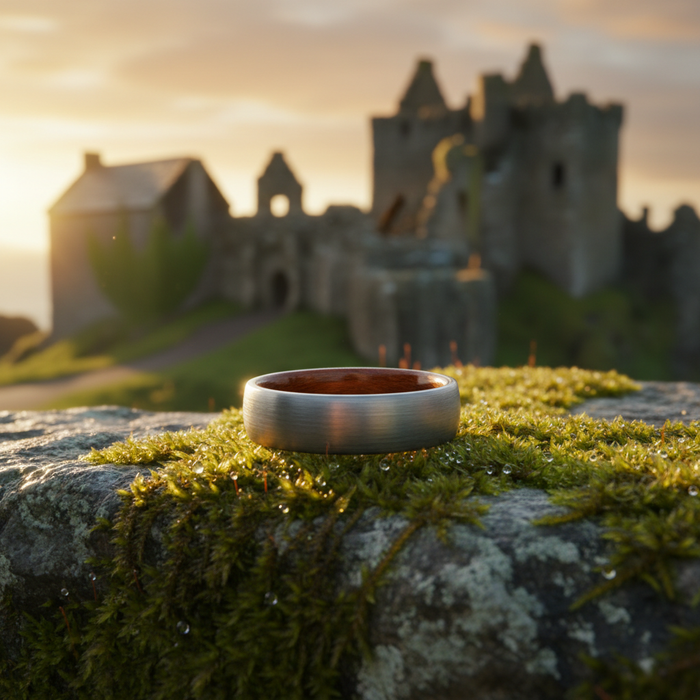 The Ember ring: Forge & Lumber 6mm wedding ring on mossy stone at sunset.
