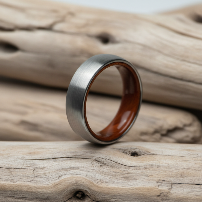 The Ember ring resting on pale driftwood