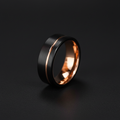 The Farrier, an 8mm flat-profile band in gold and black plated tungsten