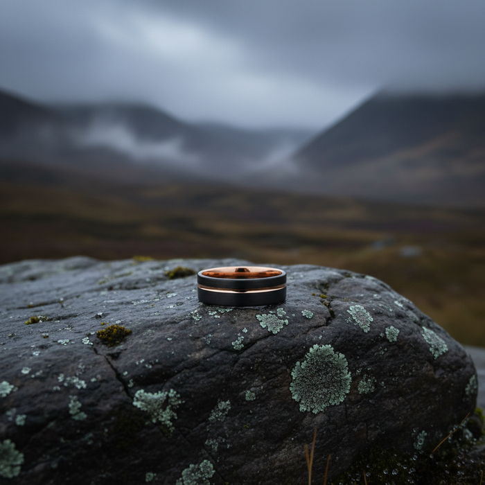 The Farrier 8mm ring with gold inlay on a dark band, on a rocky landscape