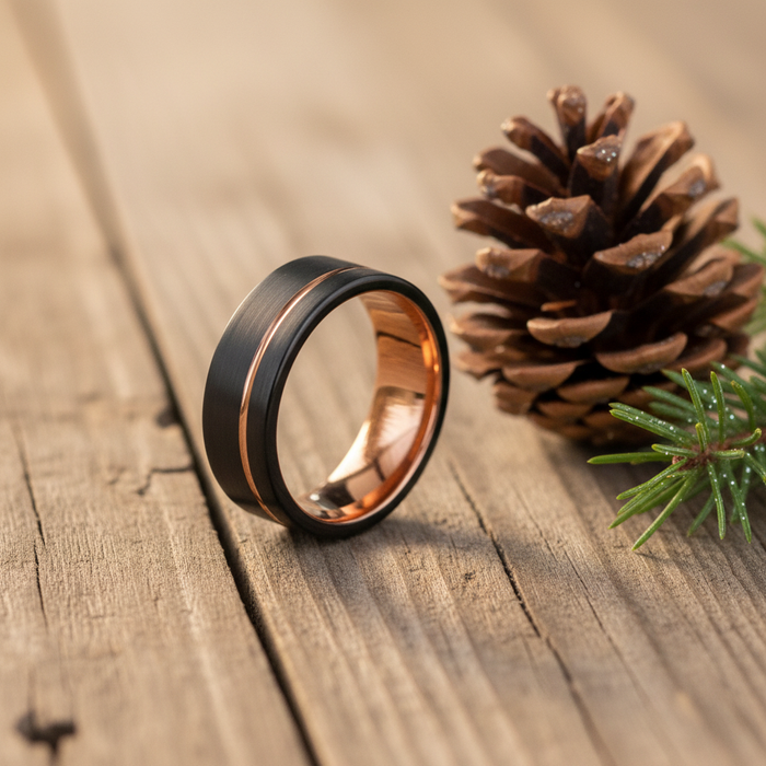 The Farrier 8mm black and gold ring on a rustic wood background