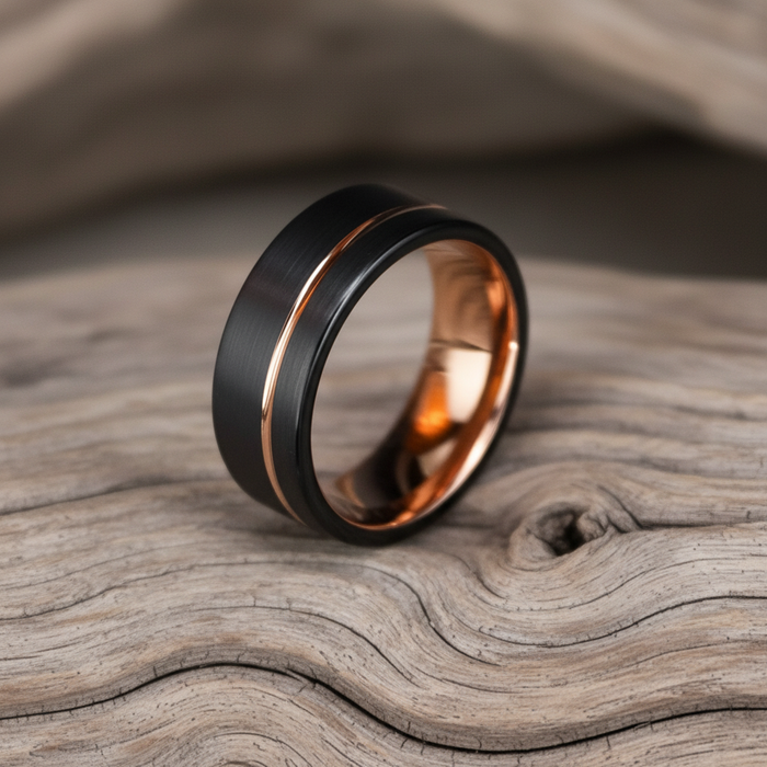 The Farrier 8mm flat-profile gold and black tungsten ring